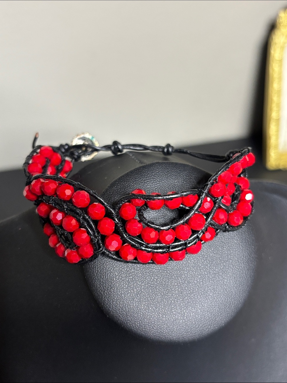 Handmade Red Beaded Wave Leather Statement Boho Bracelet - Women Jewelry